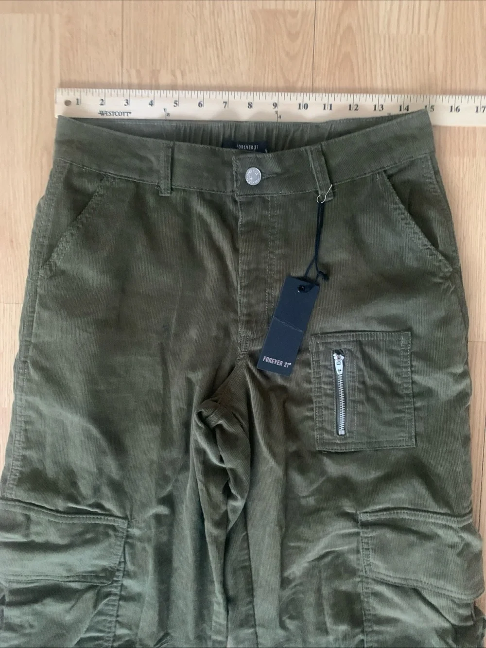 Forever 21 Olive Green Corduroy Straight Leg Cargo Pants Hippie Elastic Waist S